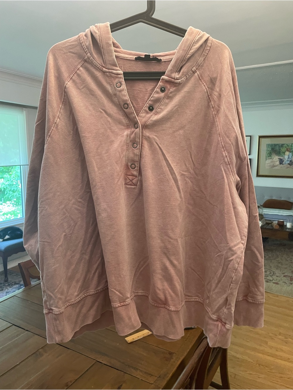 Women's Washed Pink Hooded Henley Long-Sleeve Top